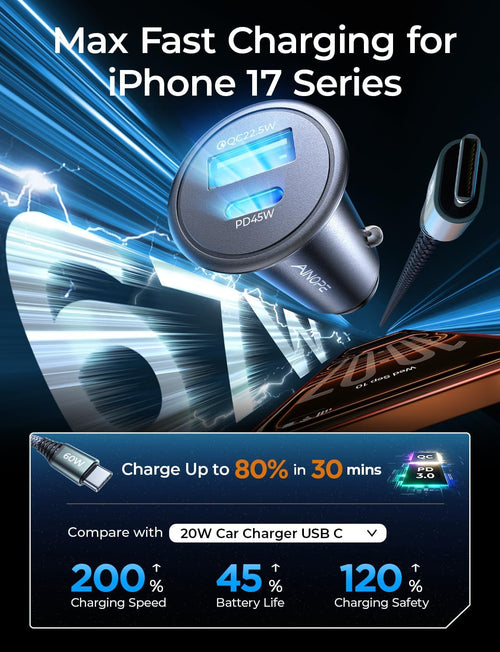 67.5W Car Charger USB C Fast Charge for Iphone 17 Pro Max, PD 45W USB C Car Charger Fast Charging【Mini &Metal】Cigarette Lighter Adapter USB-C Charger for Samsung Galaxy S26 S25 for Iphone16 15